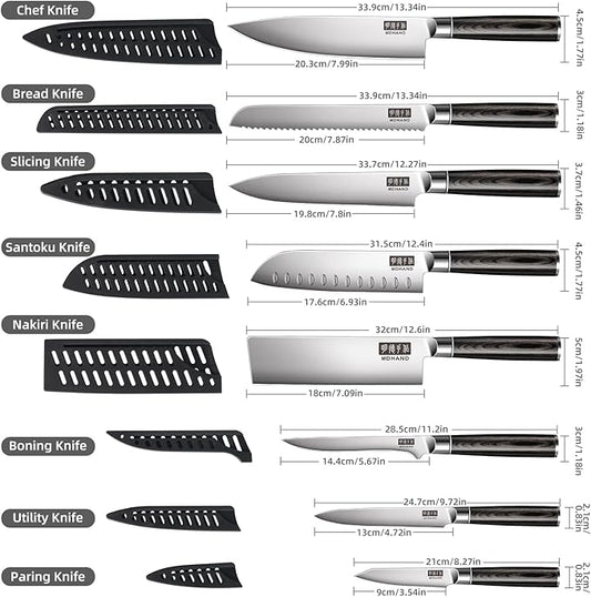 MDHAND Chef Knife Set with Roll Bag, 9PCS Professional Knife Sets with Sharpener, High Carbon Stainless Steel Japanese Kitchen Knives - Black Pakkawood Handle, Dishwasher Safe, For Cooking, Chef Gifts