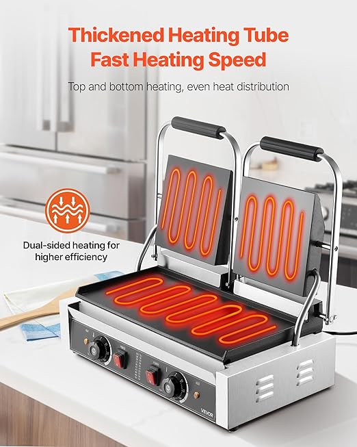 VEVOR Commercial Panini Grill, 3600W Electric Sandwich Panini Maker, Stainless Steel Double Sandwichs Press with Handle and Temp Control, 19x9 in Full Flat Enamel Plate, for Hamburger Steak Bacon