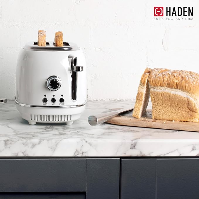 Haden Heritage 2-Slice Wide-Slot Toaster, Stainless-Steel Bread Toaster with Adjustable Browning Control, Non-Slip Feet & Crumb Tray, Ivory & Chrome