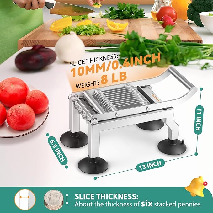 Newhai Commercial Tomato Slicer 0.4”/10mm Thickness Manual Tomato Cucumber Onion Ham Egg Cutter Heavy Duty Stainless Steel Slicer Tool with 4 Suction Cups for Restaurant Home Use