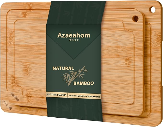 Bamboo Cutting Boards for Kitchen, 2-Piece Wood Cutting Board Set with Juice Grooves & Built-in Handles, Easy Storage & Clean Chopping Board for Meat, Vegetables, Fruit