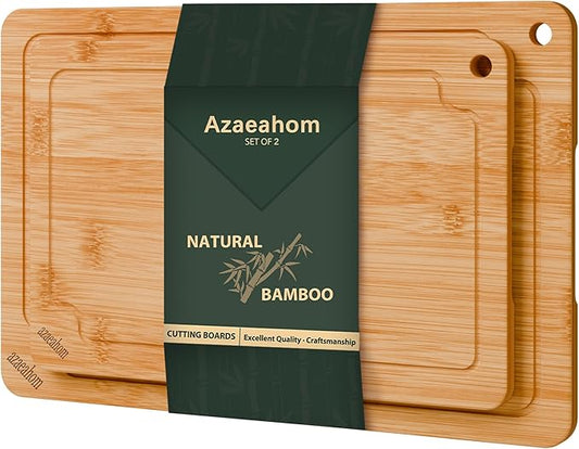 Bamboo Cutting Boards for Kitchen, 2-Piece Wood Cutting Board Set with Juice Grooves & Built-in Handles, Easy Storage & Clean Chopping Board for Meat, Vegetables, Fruit