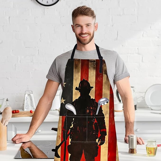 Firefighter Retro Apron with Adjustable Neck Strap,American Flag Vintage Kitchen Aprons with 2 Pockets for Women,28x33in,Oxford Fabric,Gifts for Wife Mom,For Chef Cooking Baking Gardening BBQ