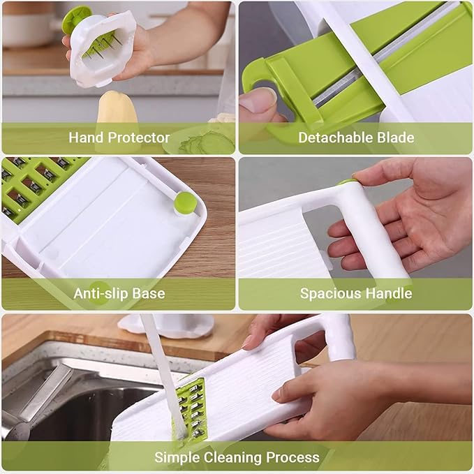 ADOV All in 1 Mandoline Slicer for Kitchen, Multi Function Fruit and Vegetable Slicer Vegetable Cutter, Interchangeable Stainless Steel with Food Container, Hand Protector, Julienne Slicers for Salad