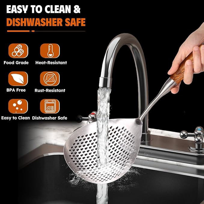 Skimmer Slotted Spoon -17in 304 Stainless Steel Pasta Spider Strainer Skimmer Ladle Spoon for Cooking and Frying - Kitchen Large Metal Scoop Colander Strainer Spoon with Heat Resistant Wooden Handle