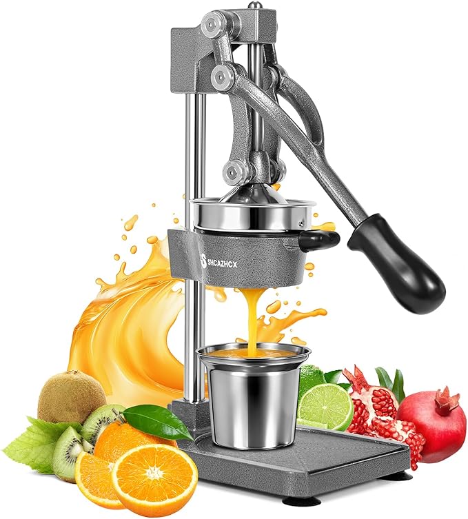 Cast-Iron Hand Press Citrus Juicer, Heavy-Duty Fruit Squeezer with Stainless Steel Cup, Easy-to-Clean Manual Citrus Press for Orange, Lemon, Lime, Grapefruit & Pomegranate (Silver)