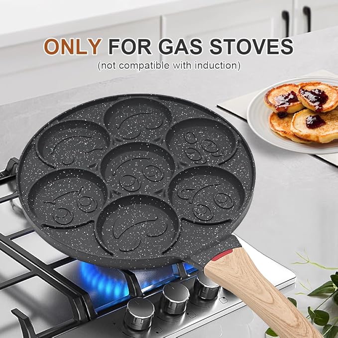 Nonstick Pancake Pan, Smiley Face Pancake Frying Pan, 7 Holes Mini Pancake Maker for Kids 10.4 in, Gas only - Black