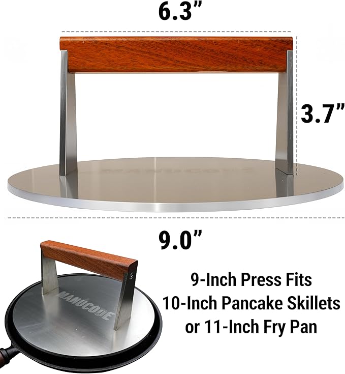 Manucode Smash Burger Press, 3.8-Lb Burger Smasher, 9-Inch Bacon Press for Batch Cooking, Stainless Steel, Easy to Clean and Seasoning Free, Heatable for Searing Panini, Steak, Chicken, Fish, Round