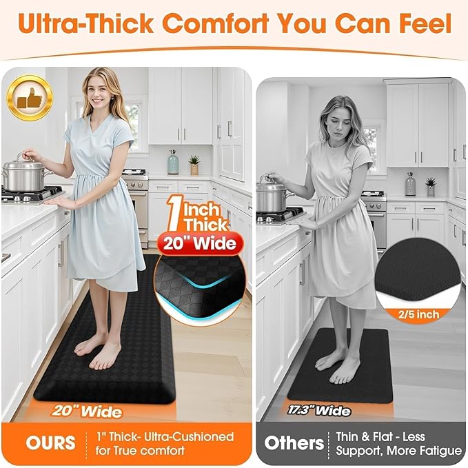 StepRite 1” Thick Kitchen Mats for Floor, Anti Fatigue Kitchen Rugs, Non-Slip,Heavy Duty Waterproof Kitchen Rug, Standing Desk Mat, Gifts for Friends, Family, Home, Kitchen, Office (72" x 20", Black)