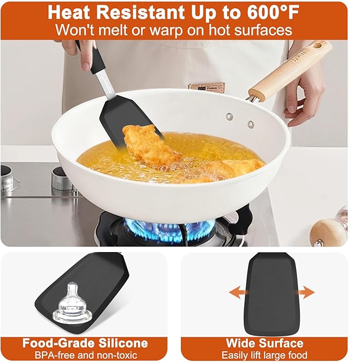 Silicone Spatula, 13 x 3.2 In, 600°F Heat Resistant Kitchen Spatula, BPA Free, Flexible Turner For Non Stick Frying Pan, Cooking, Flipping Egg and Pancake, Dishwasher Safe, Black