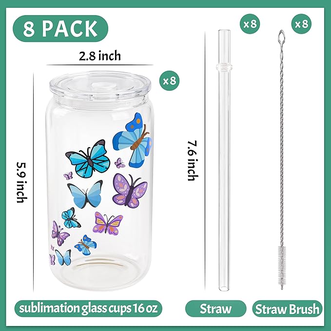 Joyclub 8 Pack Sublimation Cups 16 OZ Clear Glass Cans Blanks with Clear Lids Mason Jars for Iced Coffee Beer Juice and Soda Drinks