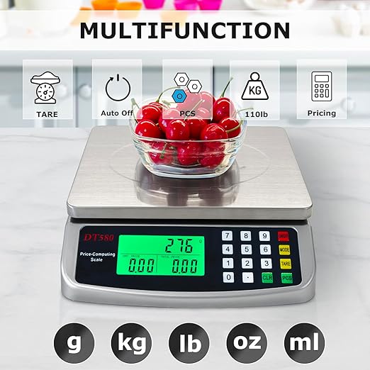 110lb Commercial Food Scale, Large Digital Kitchen Scale with Hold Mode, Tare, PCS, 5 Units, Price Computing, 304 Stainless Steel for Baking, Cooking, Meat, Counting Adapter (Inc.)