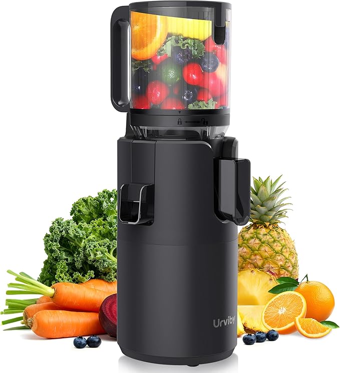 URVIBY Juicer Machines, 5.3" Large Feed Chute Cold Press Juicer with Double Press Technology, 400W Motor, High Juice Yield, Easy to Clean, Masticating Juicer for Whole Vegetables & Fruits, Dark Black