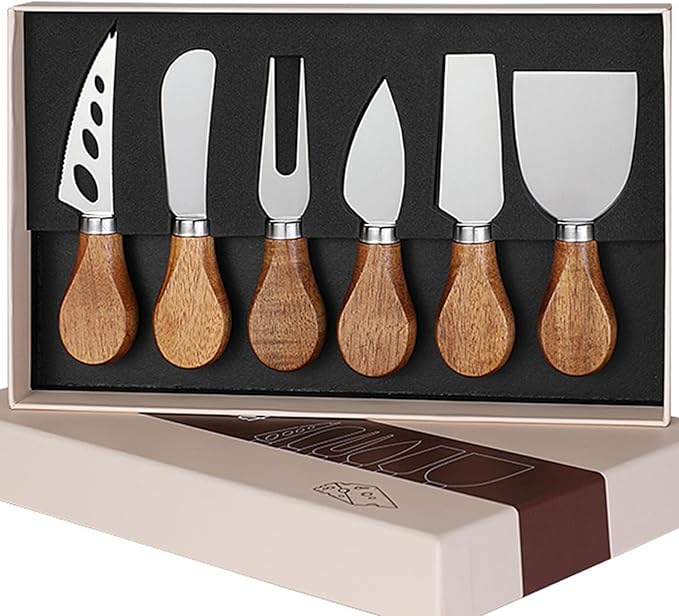 6 Pieces Cheese Knife Set,Cheese Knives Cheese Slicer Cheese Cutter Cheese Fork,Cheese Spreading Knife,Wood Handle Stainless Steel Slicer for Charcuterie Boards Cutlery Gift Set