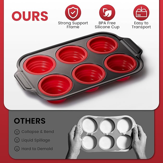 HE-SANQI Silicone Muffin Pan for Baking with Metal Reinforced Frame - 6 Cups Regular Size Cupcake Pan Muffin Tins Egg Bite Molds - Nonstick, Easy to Pop, Bakeware for Oven, BPA Free (6-Cups Red)
