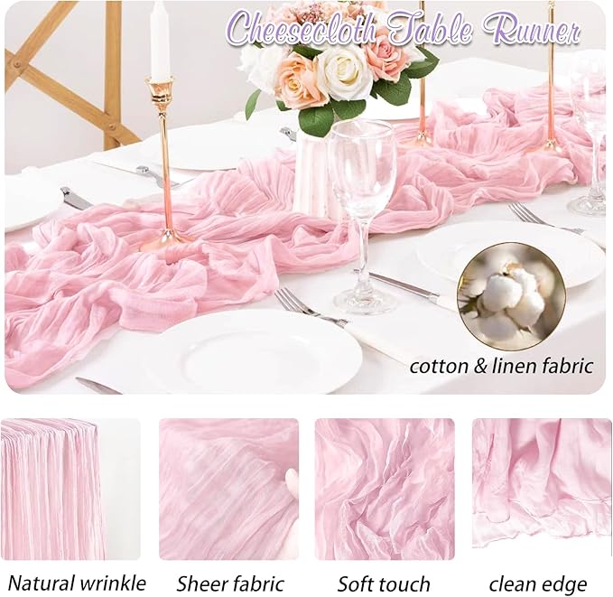 Pink Cheesecloth Table Runner 2 Pack 35" Boho Gauze Runner 120 inches Long Runner Rustic Sheer Fabric Bulk for Boho Baby Shower Wedding Bridal Birthday Party Table Decorations