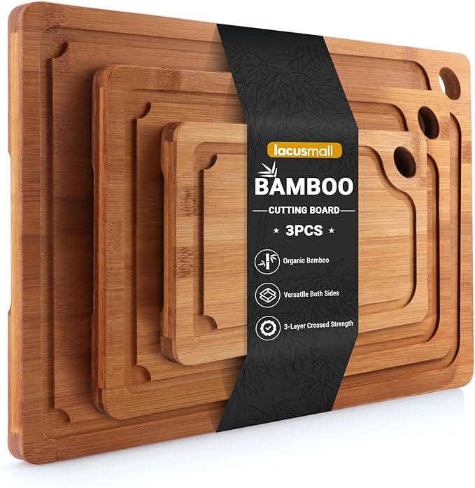 Lacusmall Bamboo Cutting Board, 3 Pcs Cutting Boards for Kitchen with Built-in Handles and Deep Juice Grooves, Wooden Cutting Boards for Separating Meat, Vegetables, fruit, Ideal Kitchen Gift