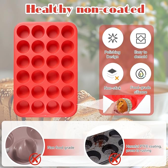 Oqqlin 3 Pcs Silicone Muffin Pan Set, Silicone Muffin Pans for Baking Red 24/12/6 Cups Mini/Regular/Jumbo Non-Stick Cupcake Pan for Kitchens, Restaurants, Bakeries