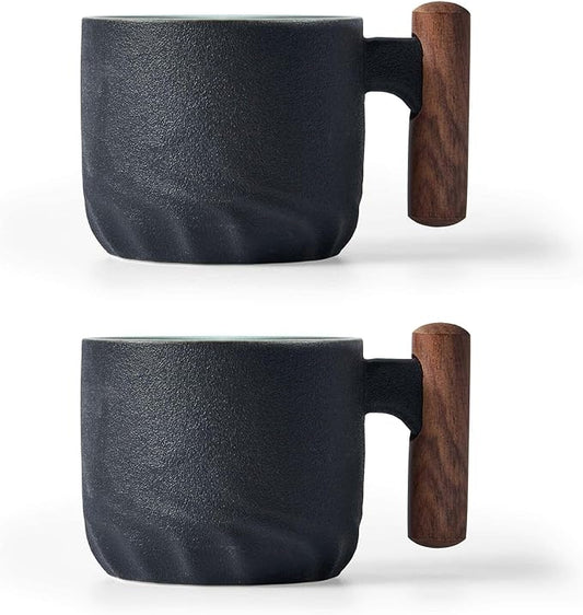 Ceramic Espresso Cups with Wooden Handle Espresso Shot Cups Ceramic Tea Cups Porcelain Demitasse Cups for Coffee or Tea, 2oz (black, 2)
