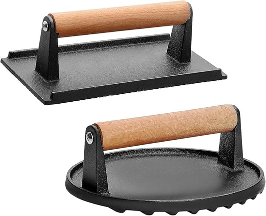 Burger Press, Smash Burger Press for Blackstone Griddle, Heavy Duty Cast Iron Round 7In & Rectangular 8X4In Bacon Grill Press with Wood Handle for Blackstone Camp chef Pitboss Weber Treager