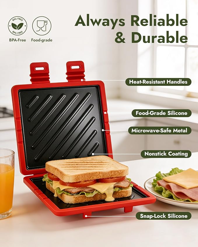 Metal-Enhanced Microwave Sandwich Press - Quick 4-Minute Panini, Grilled Cheese Maker, Detachable for Easy Cleaning, Includes Brush