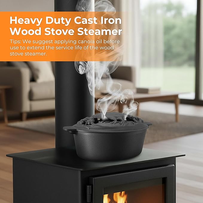 Wood Stove Steamer with Upgraded Handle, 2.5 Quart Wood Stove Humidifier with Decorative Chicken Pattern, Cast Iron with Porcelain, Fireplace Steamer Pot Steam Vaporizers