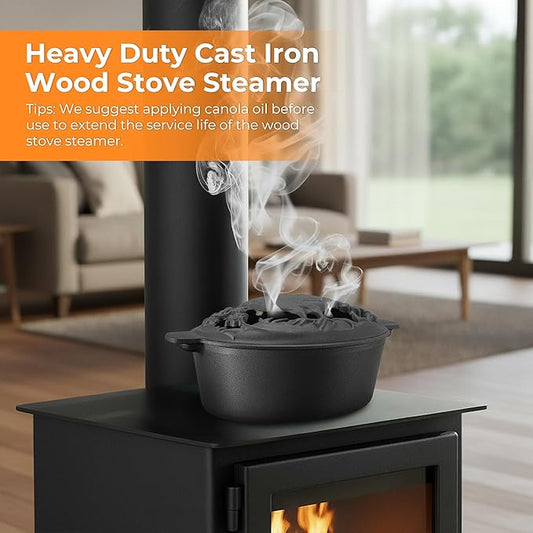Wood Stove Steamer with Upgraded Handle, 2.5 Quart Wood Stove Humidifier with Decorative Chicken Pattern, Cast Iron with Porcelain, Fireplace Steamer Pot Steam Vaporizers