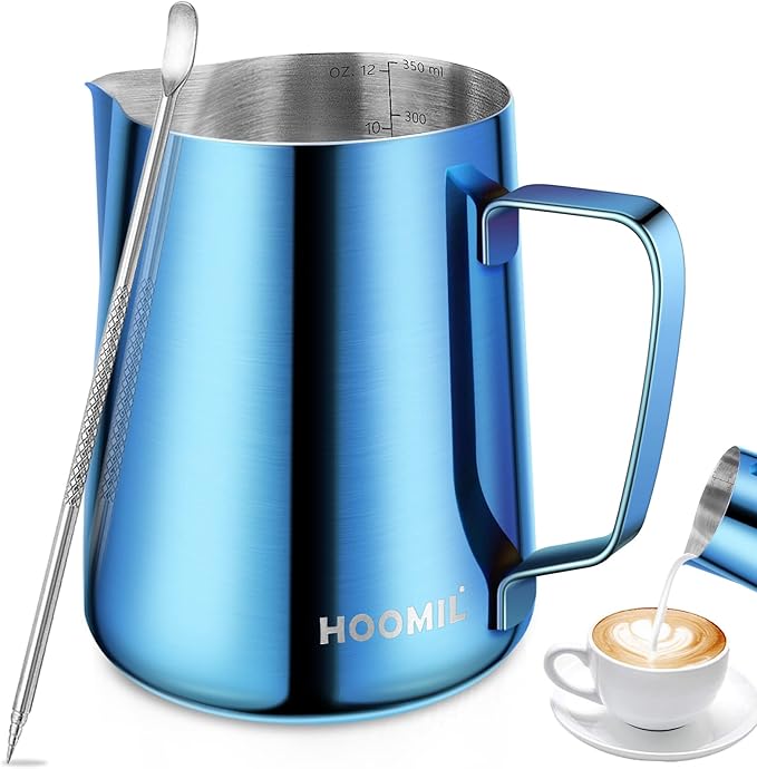 HOOMIL Milk Frothing Pitcher, 12oz/20oz/32oz Stainless Steel Steaming Pitcher Barista Milk Frother Cup Jug for Espresso Machine Coffee Cappuccino Latte Art - 12oz, Blue