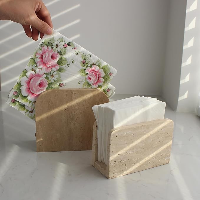 Natural Travertine Napkin Holder for Table, Standing Napkin Dispenser for Kitchen Dining Farmhouse Cocktail Picnic Bar 6.3x5.5x2.8 inches