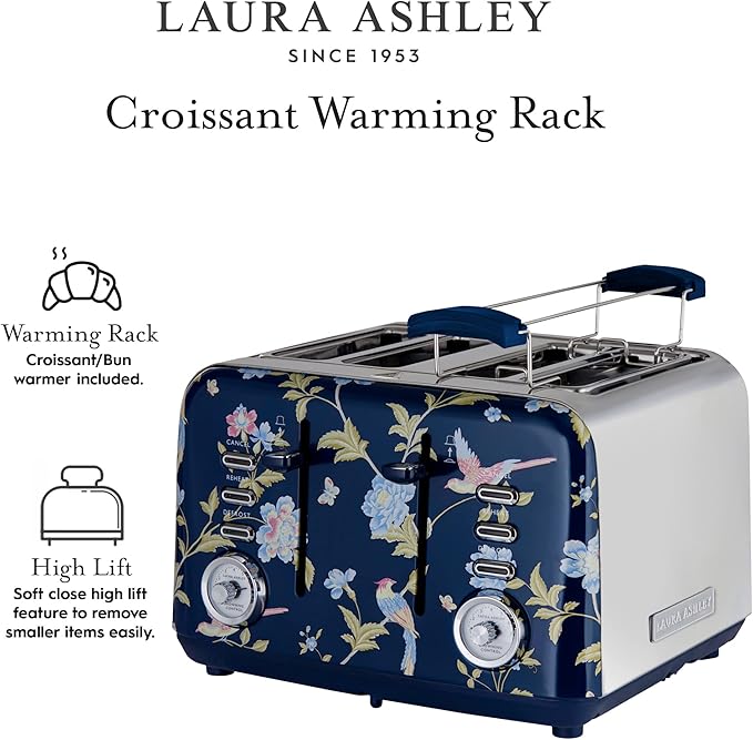 VQ Laura Ashley Elveden Navy Stainless Steel 4 Slice Toaster | Multi-Functional Bagels & Bread Toaster 4 Slice with Adjustable Heating & Defrost Mode | Featuring 4 Wide Slots, Croissant Warming Rack