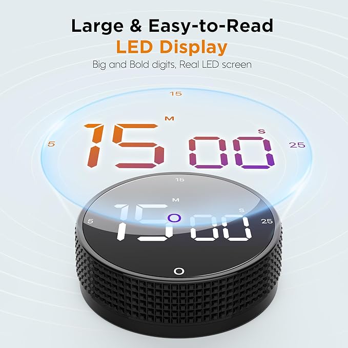 Upgrade Digital Kitchen Timer - Magnetic Countdown Countup Visual Pomodoro Timer with Large LED Display, 3-Preset Times (5, 15, 25), 3 Volume Levels, Ideal for Cooking, Baking and Fitness (1, Black)