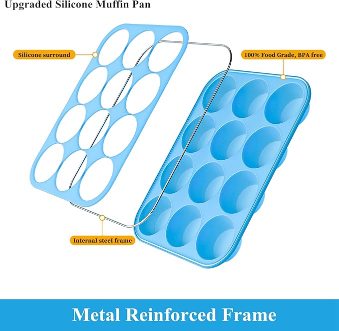 Bangp 2Pack Silicone Muffin Pans for Baking with Metal Reinforced Frame,12 Cup Regular Size Cupcake Pan,Premium Non-Stick Bend Resistance Silicone Muffin Tray for Pudding,Cakes,Tart,Egg Bites(Blue)
