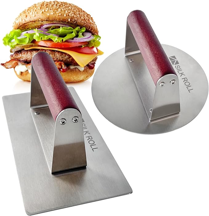 Stainless Steel Burger Press, Hamburger Press, Heavy Duty Meat Press, 8 Inch Bacon Press & 6.3 Inch Round Burger Smasher with Wood Handle, Grill Press for Smashburger, BBQ Bacon Up, Beef