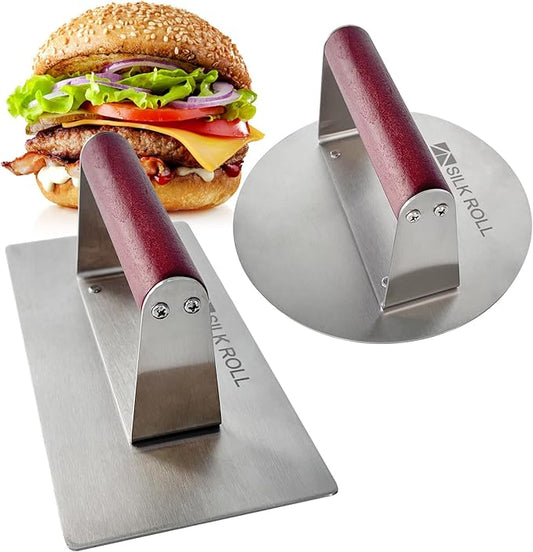 Stainless Steel Burger Press, Hamburger Press, Heavy Duty Meat Press, 8 Inch Bacon Press & 6.3 Inch Round Burger Smasher with Wood Handle, Grill Press for Smashburger, BBQ Bacon Up, Beef