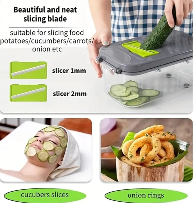 Vegetable Chopper Cutter Slicer, Multifunctional Veggie Chopper with 8 Blades, Mandoline Slice for Salad, Onion, Garlic, Food Chopper with Container, Essential Kitchen Tool