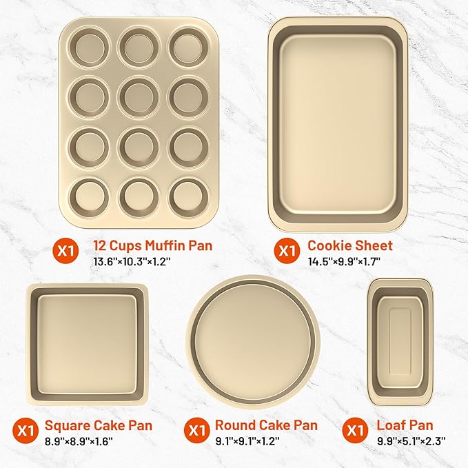CasaCulina Baking Pans Set, 5-Piece Nonstick Bakeware Sets with Round/Square Cake Pan, Muffin Loaf Roast Pan, Baking Sheets for Oven, Kitchen Cookware Sets Baking Tray Baking Supplies, Gold