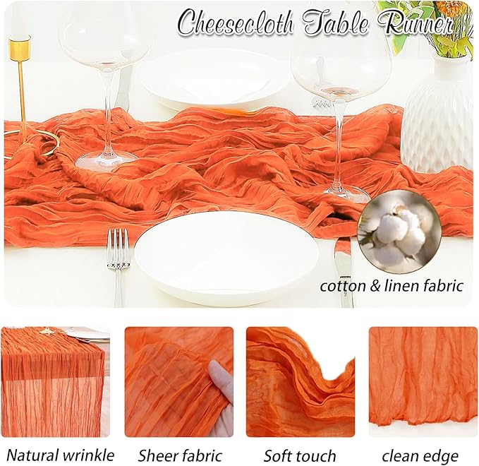 Orange Cheesecloth Table Runner 2 Pack 35" Boho Gauze 120 inches Long Runner Rustic Sheer Fabric Bulk for Baby Shower Wedding Bridal Birthday Party Picnic Table Decorations