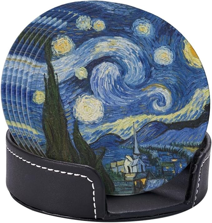 Van Gogh Art Leather Drink Coasters Set of 6 with Holder Round Cup Coaster for Table Decor