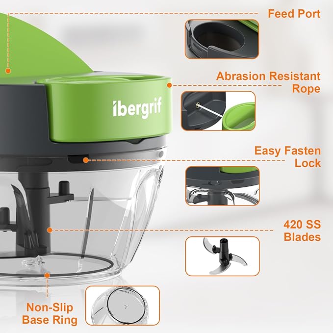 Ibergrif M502 Manual Onion Cutter, Multifunctional Onion Chopper, Multi Chopper with Filling Opening, BPA-Free, Easy Pull Chopper Manual for Vegetables, Meat, Nuts