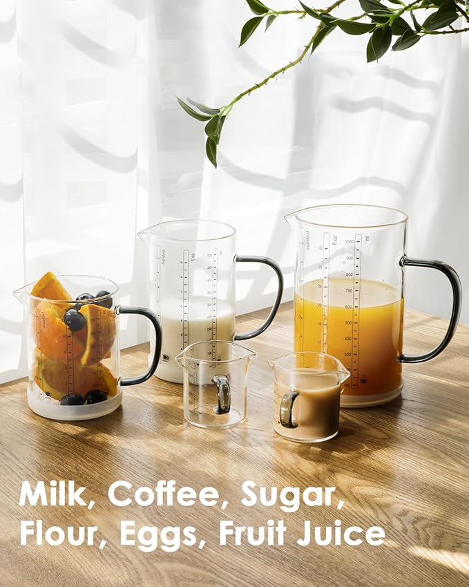 LIBWYS Glass Measuring Cup Set of 5, 1000ml (32oz), 500ml (16oz), 350ml (12oz), 2x75ml (2.5oz) with Anti-slip Silicone Pad, Heat-resistant Borosilicate Glass Liquid Measuring Cup