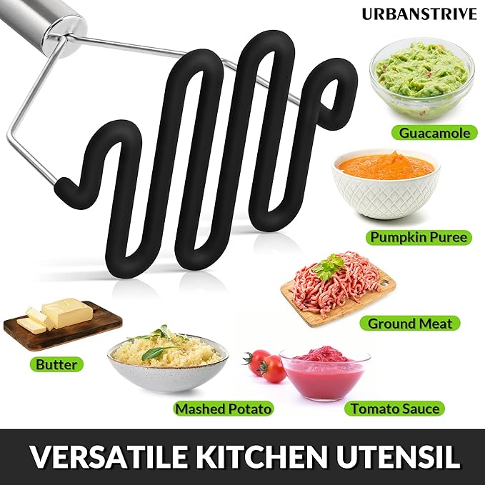 Urbanstrive Non-Scratch Silicone Potato Masher Kitchen Tool, Potatoes Masher Potato Masher Stainless Steel Wrapped In Premium Silicone, Potato Smasher (Black)