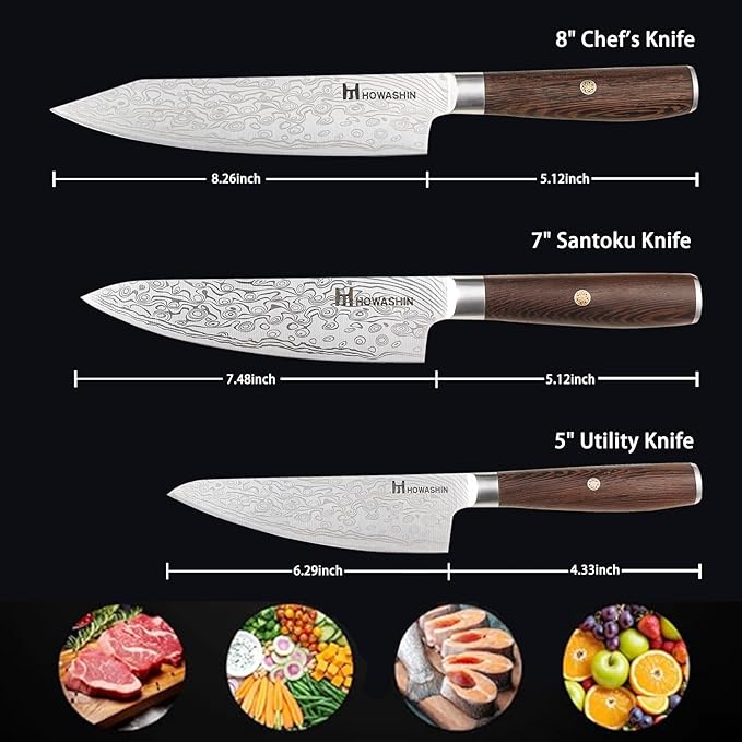 3PCS Chef Knife Set, Japanese Knife Set, Sharp High Carbon Stainless Steel Forged Blade Professional Kitchen Knives Set with Ergonomic Handle,Damascus Knives Set for kitchen with Gift Box