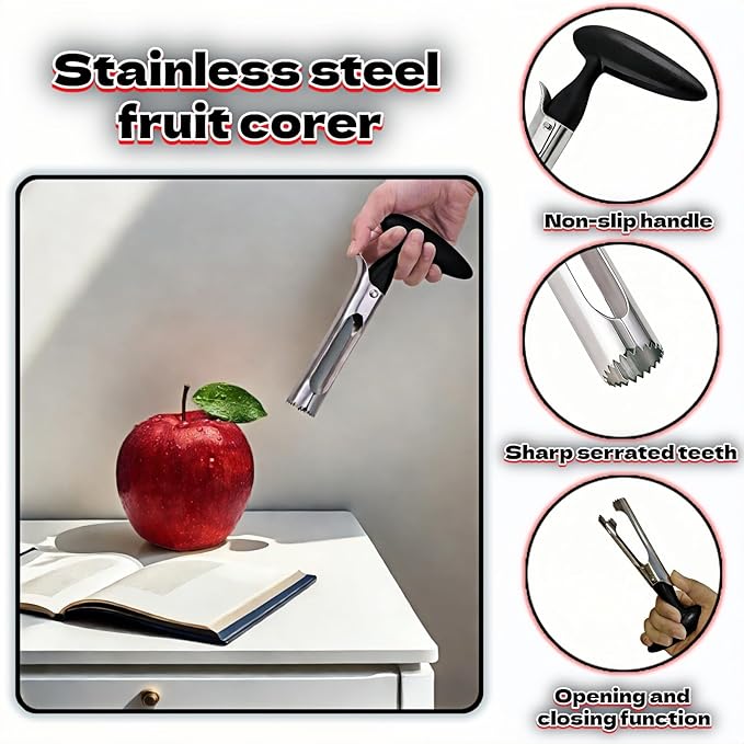 Apple Corer, Stainless Steel Apple Corer and Divider with Sharp Serrated Blade – Easy to Use – Core Remover Tool for Apples, Pears, Cupcakes – Heavy-Duty Kitchen Gadget for Baking, Cooking (Black)
