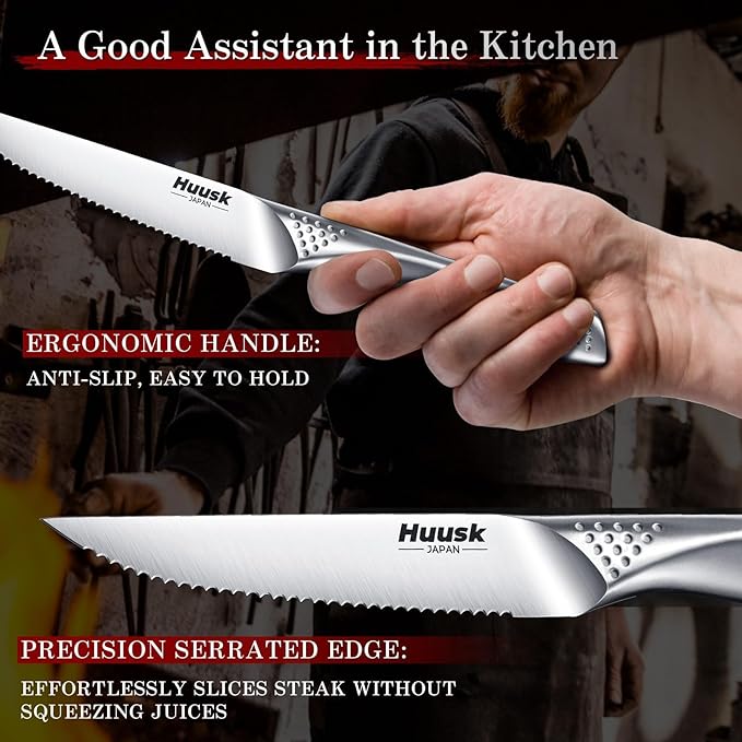 Huusk Serrated Steak Knives Set, 4.5" Japanese Stainless Steel Steak Knives Set of 4, Sharp Dishwasher Safe Dinner Knife for Kitchen Table with Gift Box, Christmas Gifts for Men Women