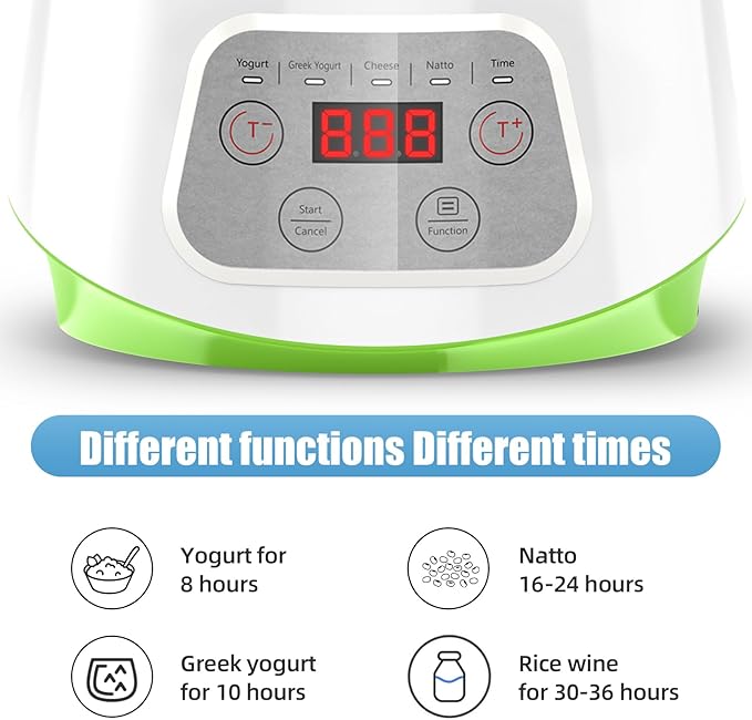 1.37QT Yogurt Maker Machine with Glass Bowl, Automatic Electric Greek Yogurt Maker with 24H Timer & Constant Temperature Control, 3-in-1 Probiotic Maker for Natto & Rice Wine
