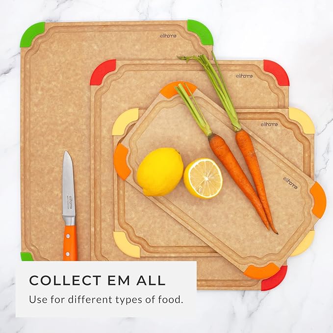 Elihome Premium Series Color Code Wood Fiber Dishwasher Safe Cutting board for Kitchen, Made in USA, Food Icon, Juice Grooves, Non-Porous, Non-slip Feet, Medium 13" x 10"