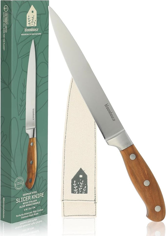 Bloomhouse 8-Inch Slicing Knife – German Stainless Steel Carving Blade with Forged Italian Olive Wood Handle, Full Tang Knife for Meat, Roasts & BBQ