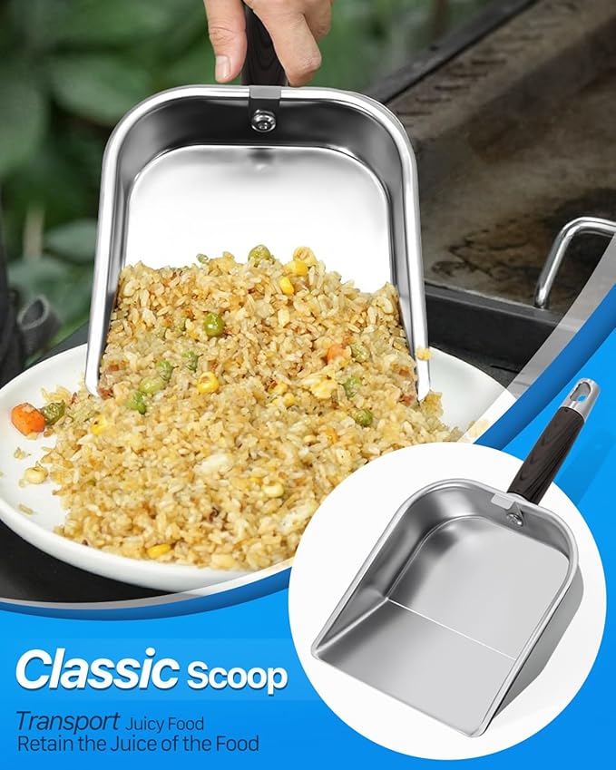 Griddle Scoop for Blackstone with a Any-Edge Hook, Stainless Steel Griddle Portable Food Mover for Stir Fry and Move Food, Classic & Sifting Grill Shovel, 2 Pack