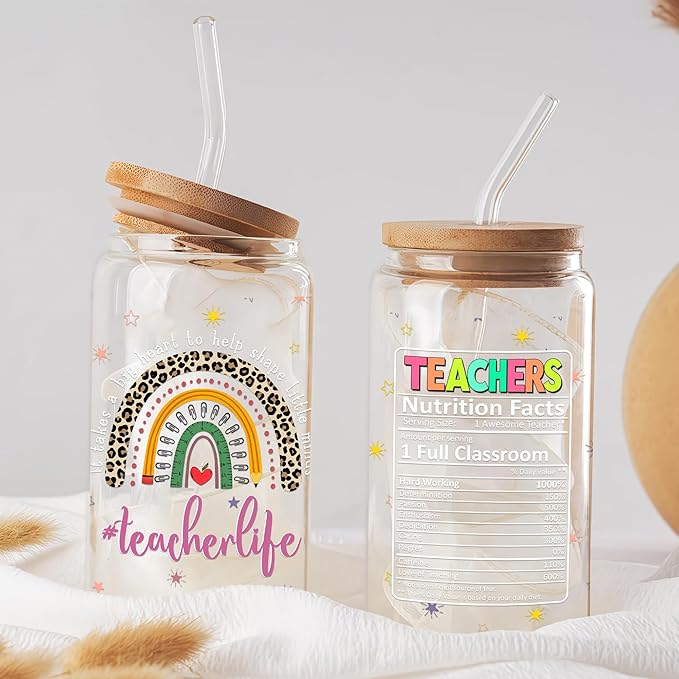 Teacher Appreciation Gifts 16 Oz Glass Cup with Lid and Straw It Takes Big Heart To Help Shape Little Minds Coffee Tumbler Birthday Christmas Thank You Gift for Teachers Women Coworkers