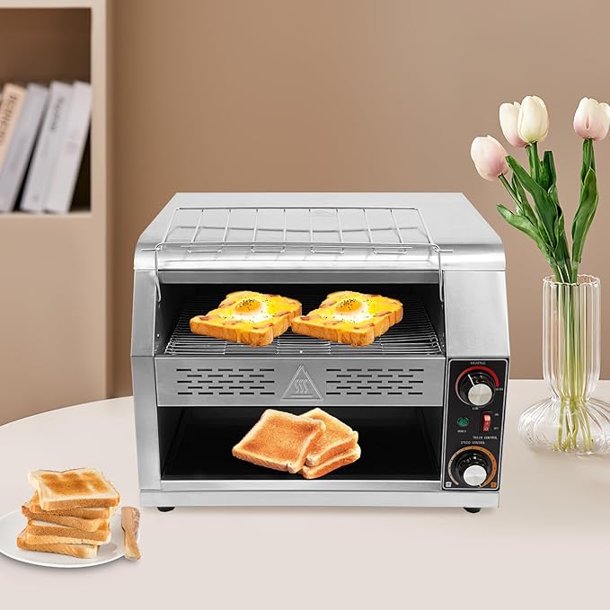 Commercial Conveyor Toaster, 2400W 450 Slices/H Toaster Conveyors Heavy Duty Industrial Conveyor Toasters Stainless Steel Electric Oven w/Dual Heating Tube 7-speed Adjustments (18.31*16.42*15.28In)
